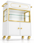 Professional Salon Storage Trolley with Glass Display Cabinet, Drawer & Lockable Wheels – White & Gold