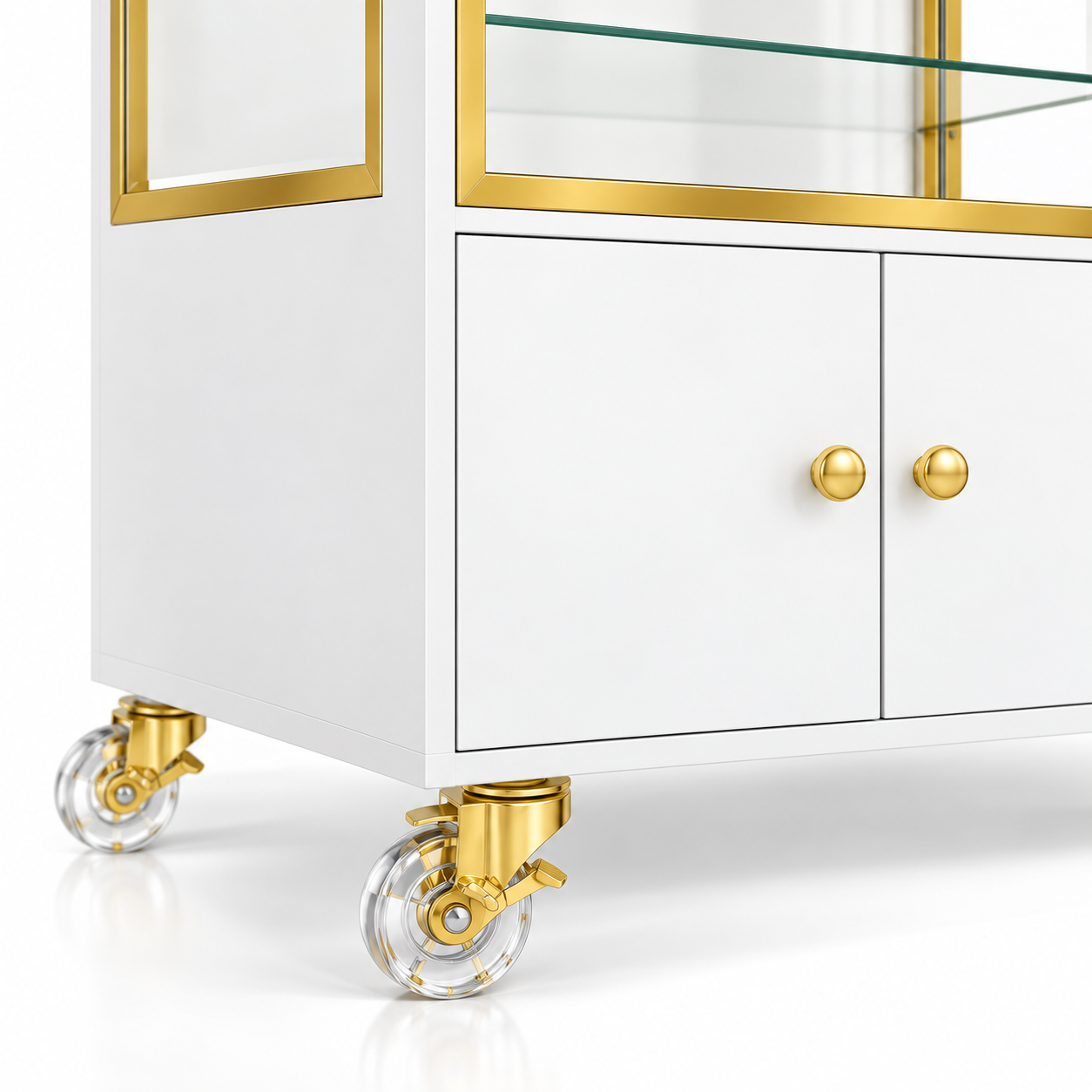 Professional Salon Storage Trolley with Glass Display Cabinet, Drawer & Lockable Wheels – White & Gold