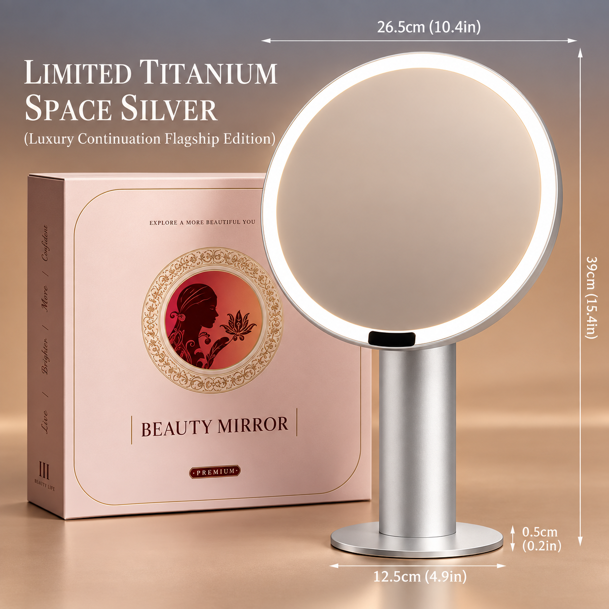 Premium LED Makeup Mirror with 3-Color Lighting, Stepless Dimming, 4800mAh Battery & 0–90° Adjustable Stand