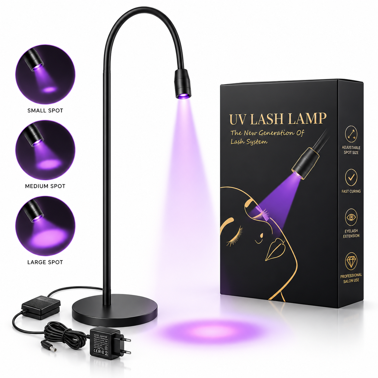 Professional UV LED Lash Extension Floor Lamp – 5W/10W | Adjustable Focus, Flexible Gooseneck & Foot Pedal