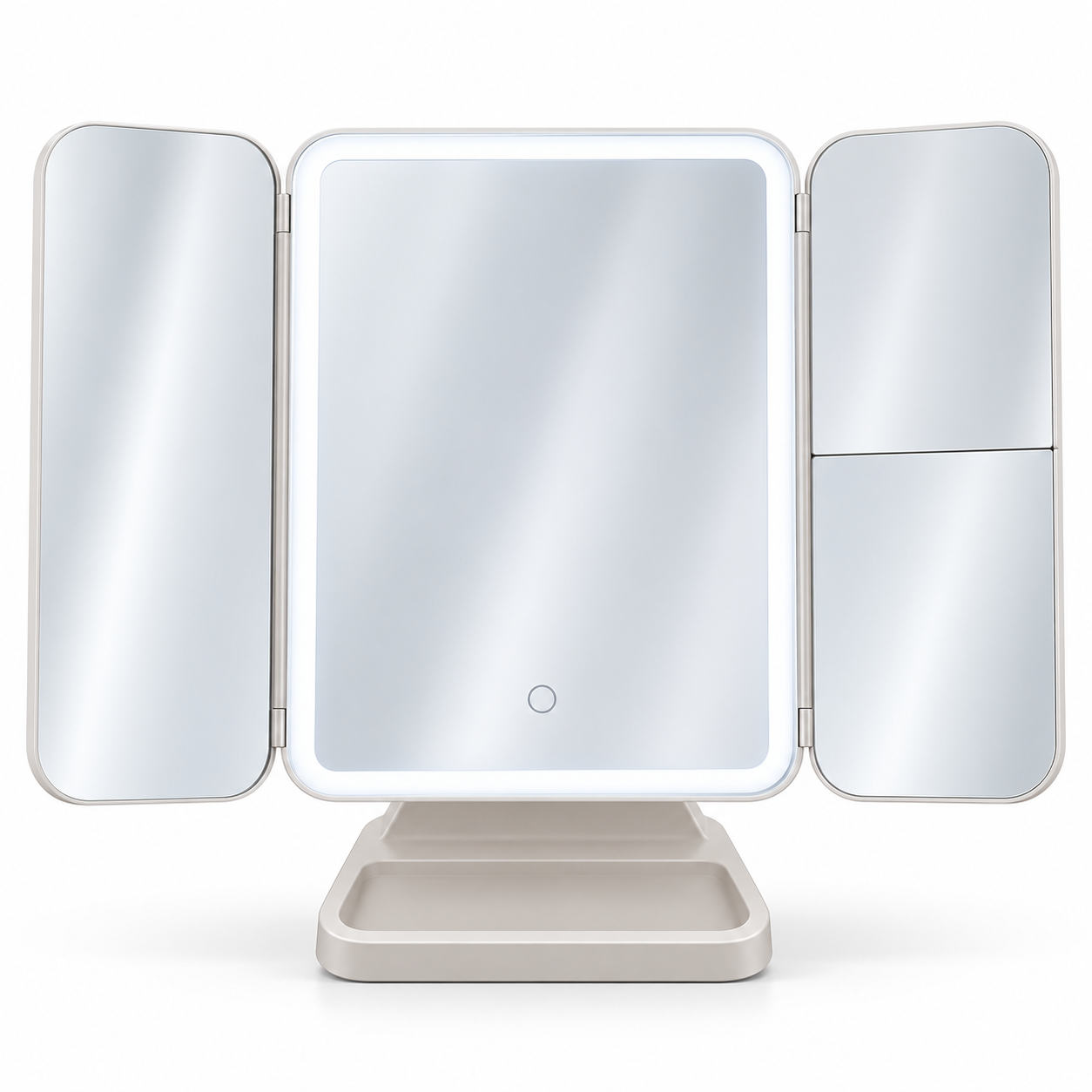 Tri-Fold LED Vanity Mirror with Touch Control, Folding Side Panels & Storage Base