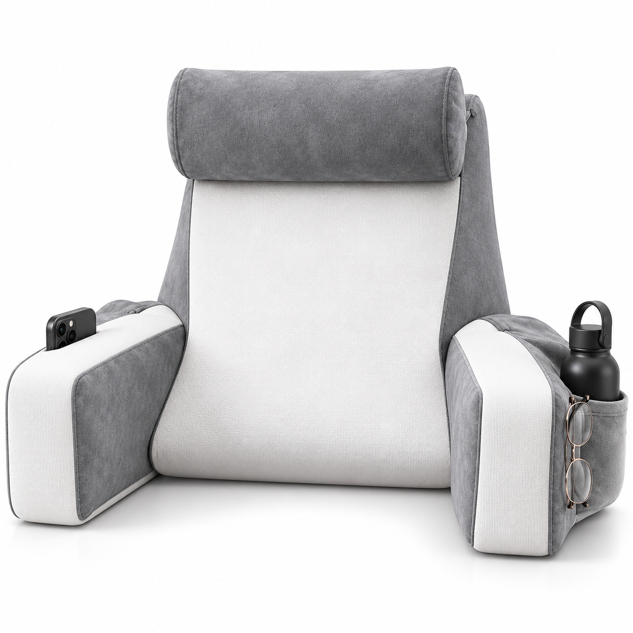 Memory Foam Bed Rest Pillow with Armrests, Neck Support & Side Pockets – Reading Backrest Cushion