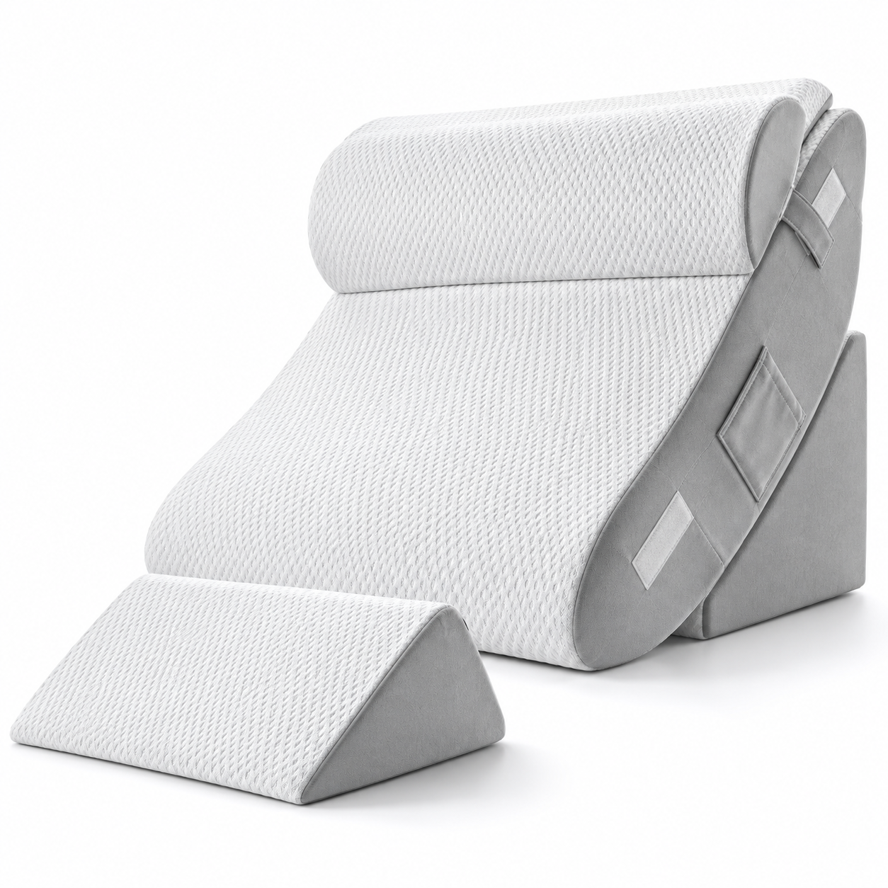 Adjustable Bed Wedge Pillow Set with Neck Bolster & Leg Support – 4-Piece Memory Foam System