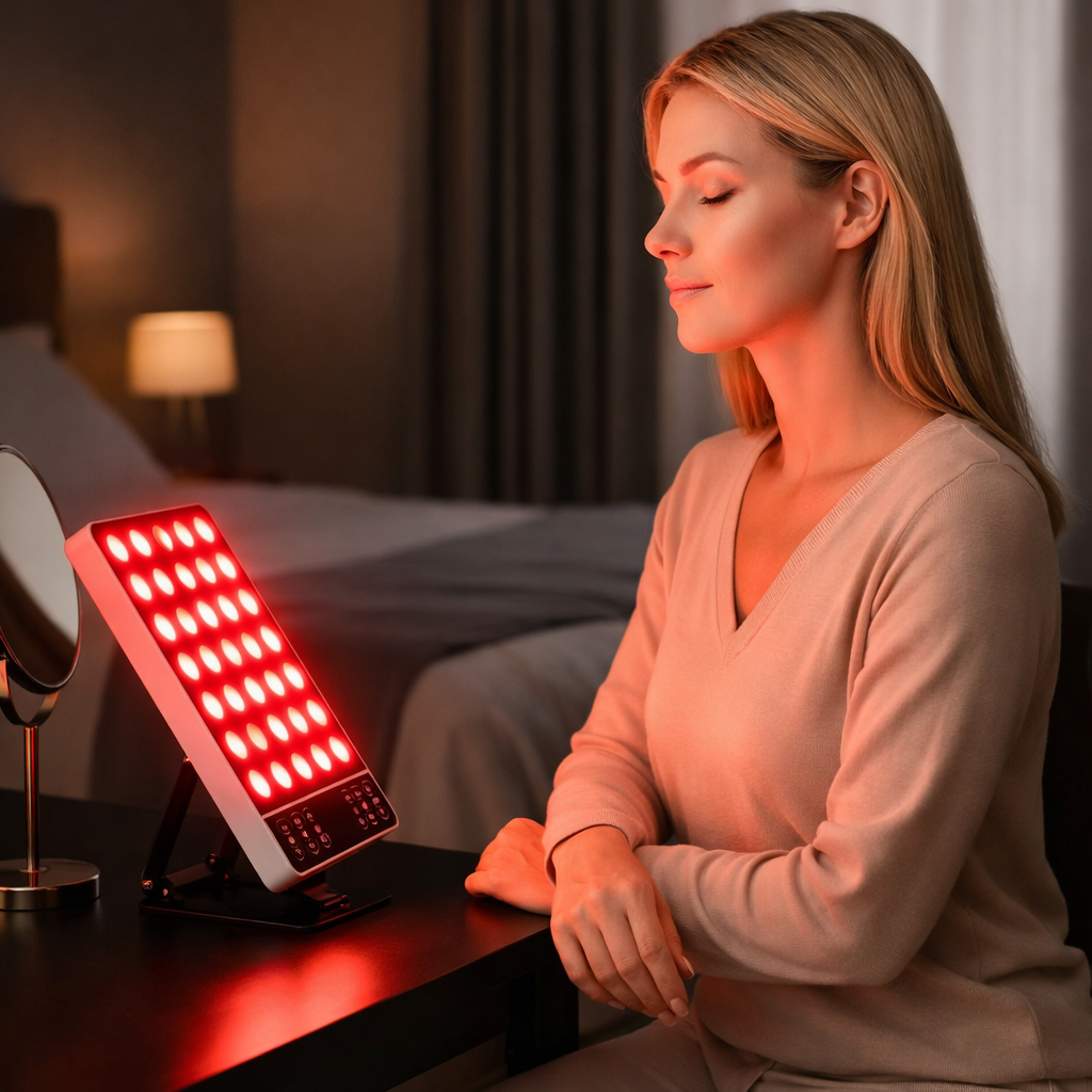 8 Modes Red Light Therapy Panel with 660nm / 850nm / 590nm / 415nm – Mini Desktop LED Device for Skin Care and Anti-Aging