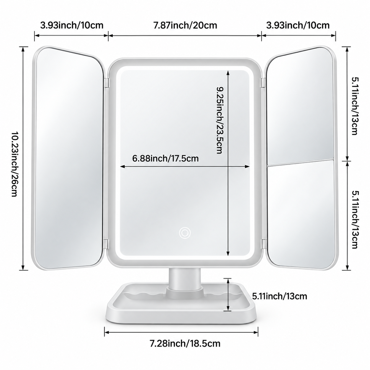 Tri-Fold LED Vanity Mirror with Touch Control, Folding Side Panels & Storage Base